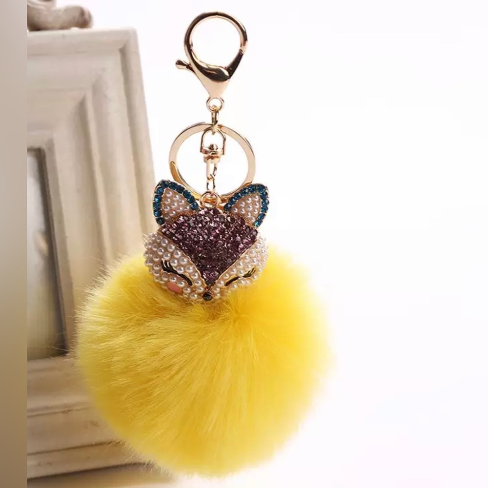 Crystal Faux Fur Fox Keychain in Yellow
